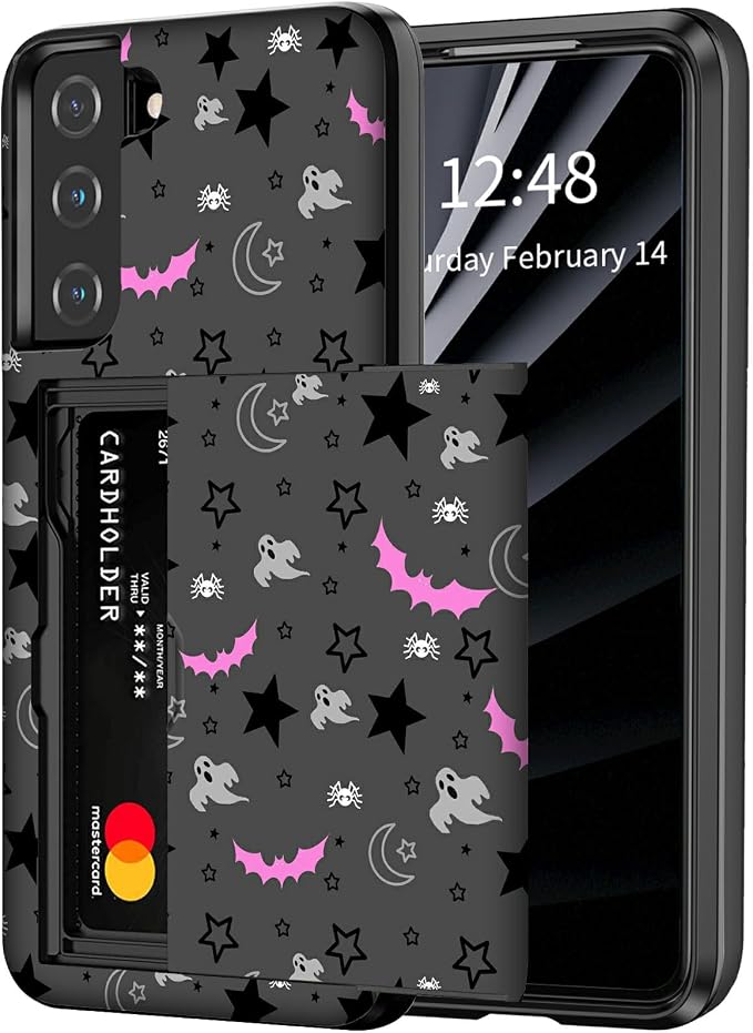 Gothic Skull Moon Stars Bat for Samsung Galaxy S25 Wallet Case with Hidden Card Holder, Dual Layer Hybrid Hard ID Card Slot Soft Inner Rubber Bumper Slide Cover for Galaxy S25 - Skull phone case