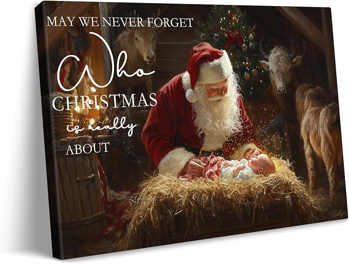 vandlife Vintage Christmas Canvas Wall Art Santa Claus and Baby Jesus in Stables Painting Prints We Never Forget Who Christmas is Really About Christian Artwork for Living Room Decor Framed 24x16in - skull painting