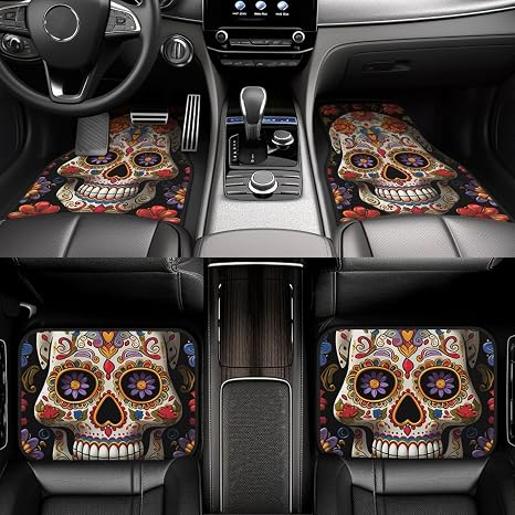 Universal Car Floor Mats 4 Piece Floor Mats for Car Sugar Skulls Automotive Floor Mats Car Mat for SUV Non-Slip Car Carpet Car Liner Decor Accessories Automotive Mats Fit for SUV - skull carpet