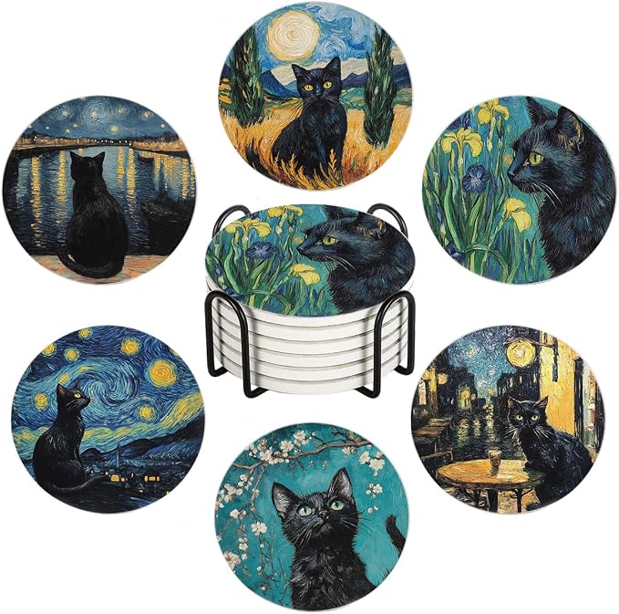 Drink Coasters for Drinks Set of 6, Art and Black Cat Absorbent Round Ceramic Stone Mat Coaster, with Cork Base and Metal Holder, Home Bar Decor House Warming Gift - skull coaster