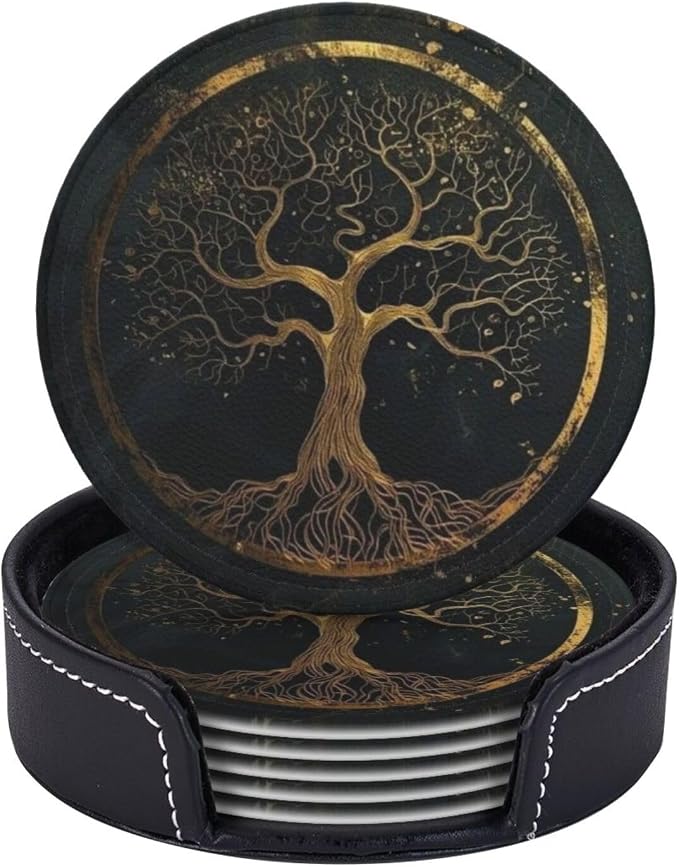 Drink Coasters with Holder Stand Set of 6, Marble Gold Tree of Life Pu Leather Absorbent Coasters with Cork Base Table Round Coaster for Housewarming Apartment Kitchen Bar Decor - skull coaster
