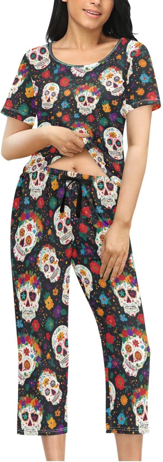 Women's Comfy Chic 2 Pcs Loungewear Set,Casual Sleepwear Short Sleeve Tops & Capri Pants PJs Set with Pockets S-XXL - skull pajamas
