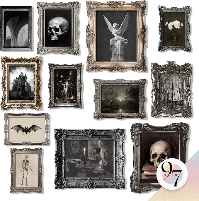 97 Decor Gothic Wall Art, 12 Moody Skull and Raven Prints, Unframed