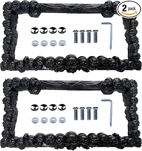 2PCS Car License Plate Frame American Standard License Plate Holder, Car License Plate Covers with Screws & Tools (Black-Skull, 12.65 * 6.5 * 3.85) - skull plate