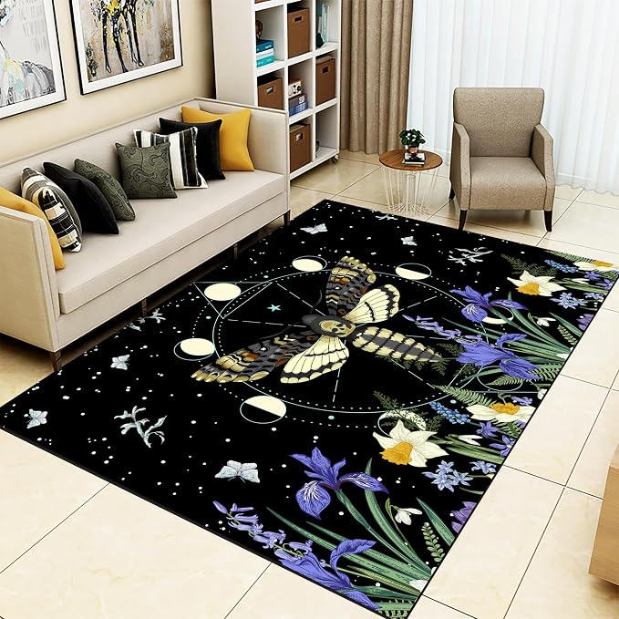 Gothic Skull Moth Area Rugs, 3x5ft, Boho Floral Moon Phase Entrance Carpet, Washable Ultra Soft Easy Clean Rug, Foldable Durable Low Pile Non-Shedding Mat for Dining Room Family Indoor - skull carpet