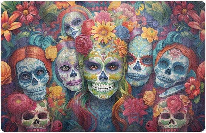 ALAZA Sugar Skulls Day of Dead Front Door Mat Outside Entrance 32x20 Inch Doormat for Outdoor Indoor Washable Non Slip Floor Mats - skull floor mat