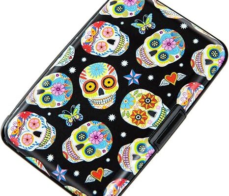 Credit Card Holder, Metal Card Wallet RFID Blocking Mini Slim Aluminum Business Hard Card Case for Women Men (Butterfly Sugar Skulls)
