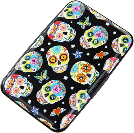 Credit Card Holder, Metal Card Wallet RFID Blocking Mini Slim Aluminum Business Hard Card Case for Women Men (Butterfly Sugar Skulls)
