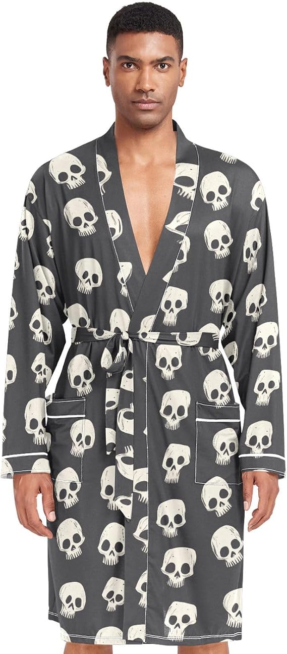 visesunny Men's Bathrobes Lightweight Pajama Shawl Robes V-neck Sleepwear Long Sleeves Kimono with Tie Belt M-XL - skull pajamas