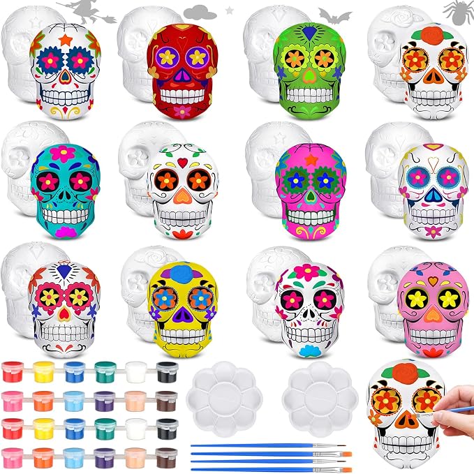 CroBlissful 12 Sets Halloween Skull Ceramic to Paint Ready to Paint - skull painting