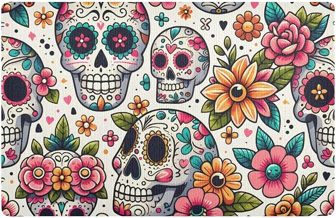 ALAZA Sugar Skull Day of Dead Flower Front Door Mat Outside Entrance 32x20 Inch Doormat for Outdoor Indoor Washable Non Slip Floor Mats - skull floor mat