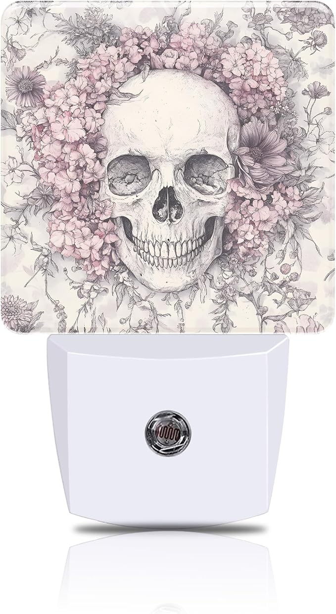 Skull with Pink Flowers Night Light, Plug-in Nightlight with Dusk to Dawn Auto Sensor for Home Bedroom Hallway Kitchen 0.5W Sleep Friendly Led Lamp for Women Men - skull lamp