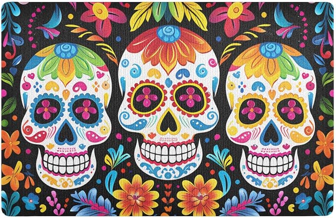 ALAZA Sugar Skull Day of Dead Front Door Mat Outside Entrance 32x20 Inch Doormat for Outdoor Indoor Washable Non Slip Floor Mats - skull carpet