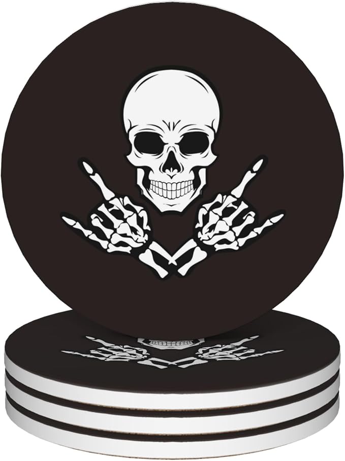 Drink Coasters Set of 4, Skeleton Hands Gestures Rock and Roll Coasters for Drinks Ceramic Coasters with Cork Bottom for Kinds of Mugs and Cups,Home Decor,4'' - skull coaster