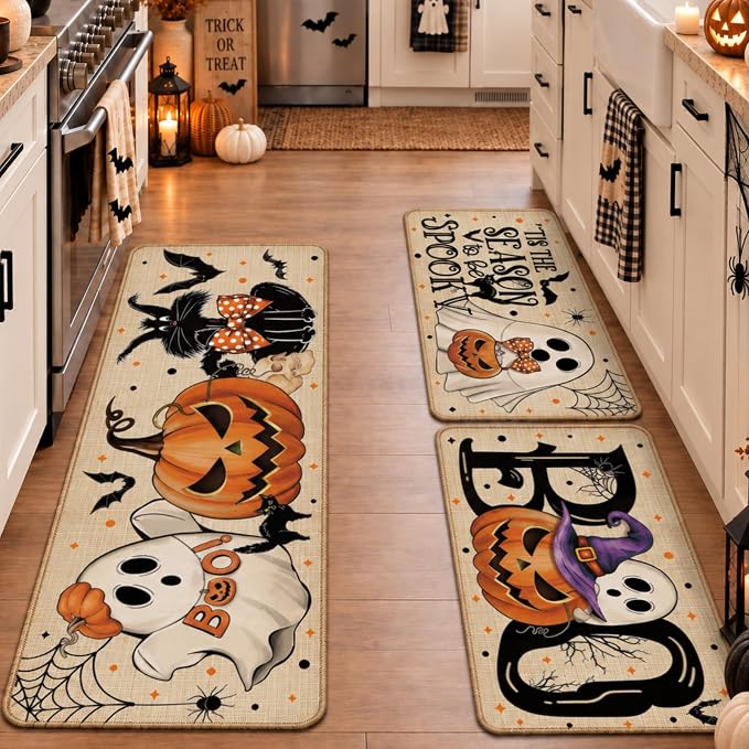 Tinideya 3 Pcs Halloween Ghost Kitchen Rugs and Mats Set,Beige - skull floor mat