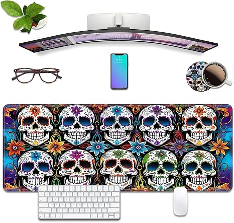 Colorful Sugar Skull Desk Pad Mat Gaming Mouse Pad with Coasters, XL Large Extended Mousepad Desk Decor Writing Mat Stitched Edges Non Slip Rubber Base for Work/Game/Office/Home 31.5"x 11.8" - skull coaster