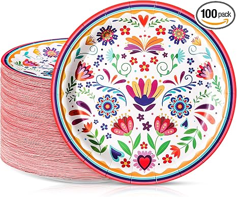 FillTouch 100 Pcs Mexican Paper Plates 7 Inch Fiesta Party Dessert Plates - skull plate