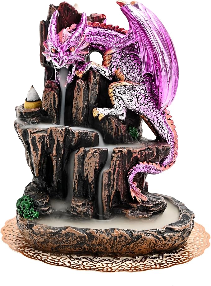 Dragon Backflow 2 Sided Mountain Waterfall Incense Burner,Fountain Smoke Incense Holder with Backflow Incense Cones, Tweezers, Mat，Resin Aromatherapy Meditationvaiuk (Purple) - skull incense burner