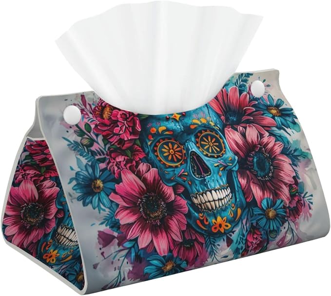 Long Tissue Box Cover - Sugar Horror Skull and Flowers - Leather Tissue Box Cover Rectangular Waterproof, Great for Bathroom, Kitchen, Bedroom, Dining Table, Office - skull toilet paper
