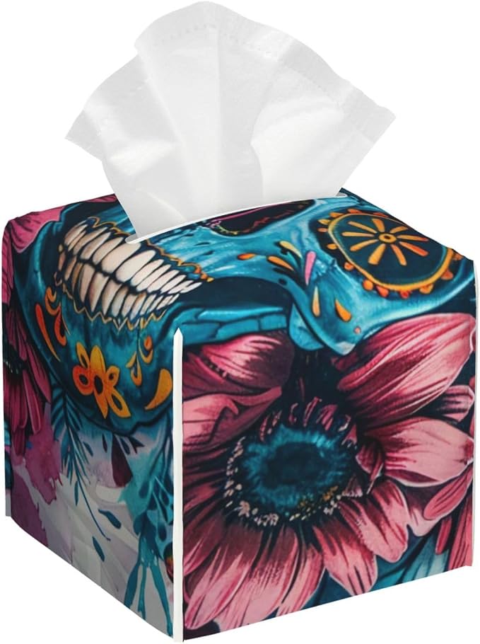 Square Tissue Box Cover - Sugar Horror Skull and Flowers - Leather Tissue Box Cover Rectangular Waterproof, Great for Bathroom, Kitchen, Bedroom, Dining Table, Office - skull toilet paper