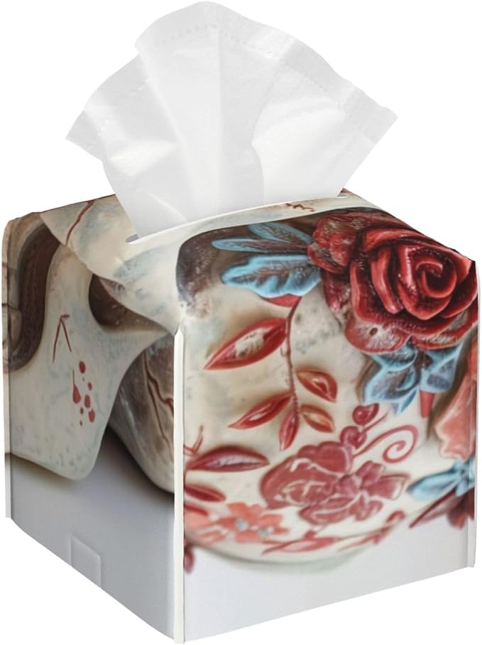 Square Tissue Box Cover - Day of The Dead Sugar Roses Skull - Leather Tissue Box Cover Rectangular Waterproof, Great for Bathroom, Kitchen, Bedroom, Dining Table, Office - skull toilet paper