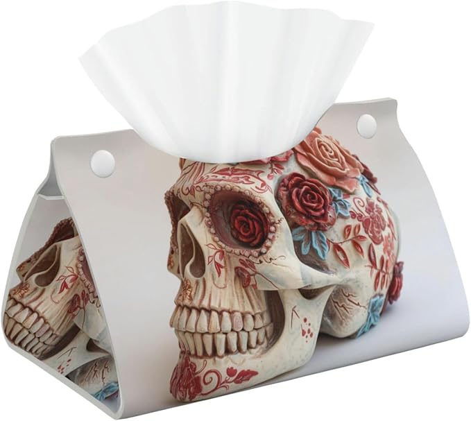 Long Tissue Box Cover - Day of The Dead Sugar Roses Skull - Leather Tissue Box Cover Rectangular Waterproof, Great for Bathroom, Kitchen, Bedroom, Dining Table, Office - skull toilet paper
