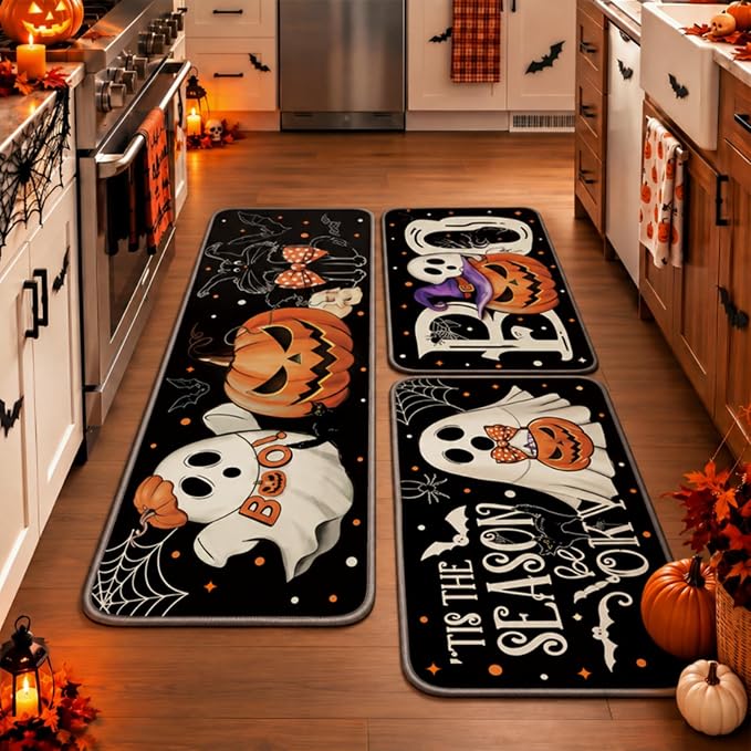 Tinideya 3 Pcs Halloween Ghost Kitchen Rugs and Mats Set,Black - skull carpet
