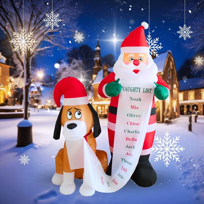 PTS 6FT Inflatable Santa with Dog Outdoor Decoration, Christmas Blow Up Yard Decorations, Built-in LED Lights Inflatables Xmas Holiday Funny Decor for Indoor Lawn Garden