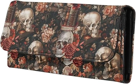 Skulls Floral Long Wallet for Women Antique Books Print Leather Trifold Slim Clutch Wallets with ID Window, Gothic Roses Skull Billfold Purse Credit Card Holder - sugar skull handbags for sale