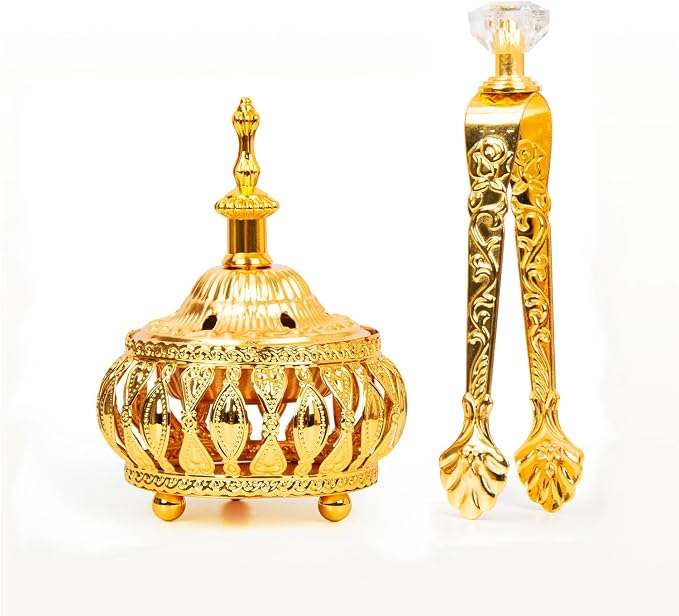 Golden Incense Holder, Frankincense Charcoal Incense Resin Stand, Bakhoor Incense Burner, Ideal for Aromatherapy Yoga Spa, Arabian Vintage Home Christian Church Censer (Golden) - skull incense burner