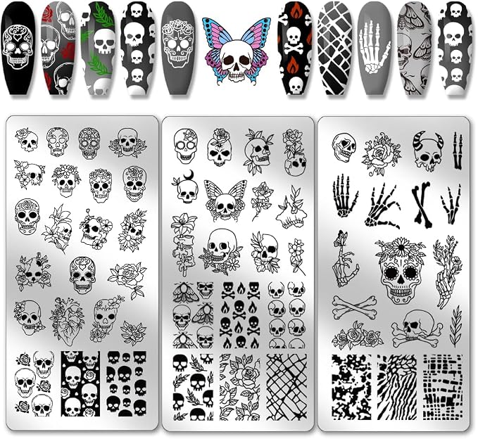 PH PandaHall 3pcs Halloween Skull Nail Stamp Plates, 58 Patterns Goth Skeleton Flower Nail Art Stencils Stainless Steel Nails Plates for Manicure Salon - skull sticker