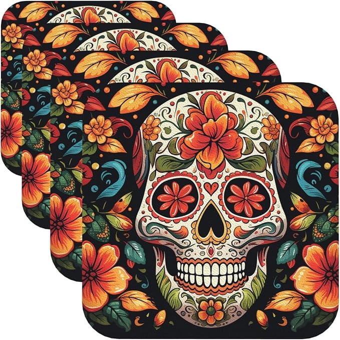 Colorful Sugar Skull Coasters for Drinks Set of 4 Leather Tea Cup Coaster Drink Coasters for Cup Kitchen Bar Home Decor Housewarming Gift - skull coaster