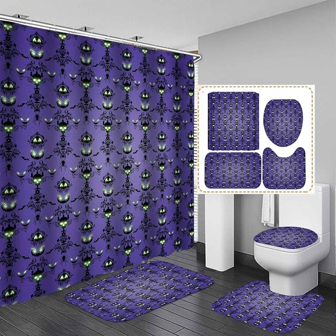 4PCS Halloween Shower Curtain Set, Waterproof Fabric Purple Shower Curtain, Non-Slip Bath Mat Bathroom Rugs, Skull Spooky Pumpkin Black Floral Bat Spider Haunted House Mansion Bathroom Decor