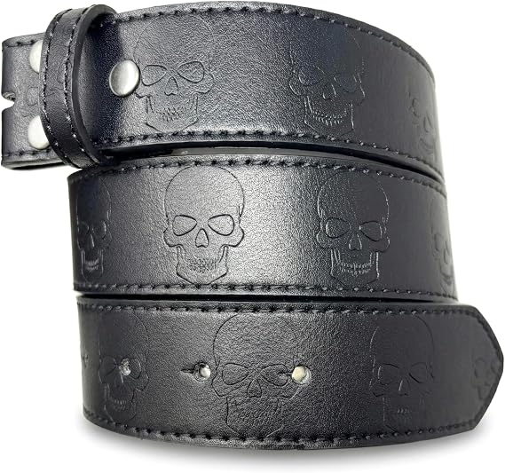 BC Belts Skull Leather Belt Strap Without Buckle 1.5″ Wide with Snaps – Snap On Biker Gothic Rock Style
