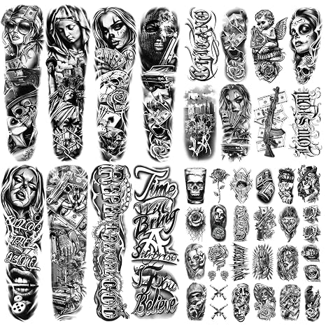 46 Large Chicano Temporary Tattoo for Men Women, Full Arm Day of the Dead Gangster Prisoner Fake Tattoos Mexico Cholas Lowriders Clown Tattoos, Tiny Cosplay Body Tattoos Stickers Realistic Adult Kid - skull sticker
