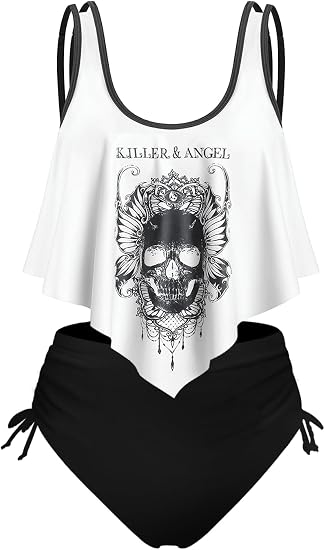 Rosegal Womens Plus Size Curve Gothic Skull Print Ruffled Overlay Tankini Swimwear Set - skull swimsuit
