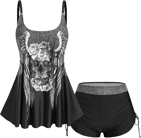 Rosegal Womens Plus Size Skull Rose Wing Print Cinched Boyshorts Tankini Swimsuit Set - skull swimsuit