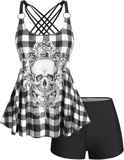 Rosegal Womens Plus Size Gothic Skull Plaid Padded Boyleg Strappy Modest Tankini Swimsuit Set