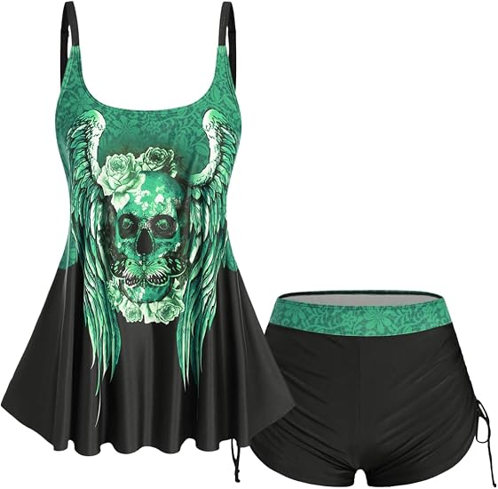 Rosegal Womens Plus Size Skull Rose Wing Print Cinched Boyshorts Tankini Swimsuit Set - skull swimsuit