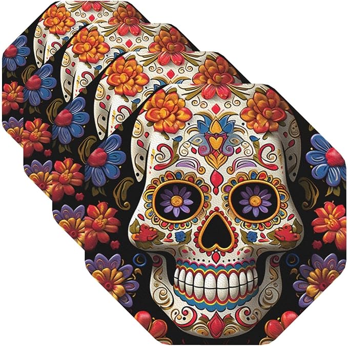 Sugar Skulls Coasters for Drinks Set of 4 Leather Tea Cup Coaster Drink Coasters for Cup Kitchen Bar Home Decor Housewarming Gift - skull coaster
