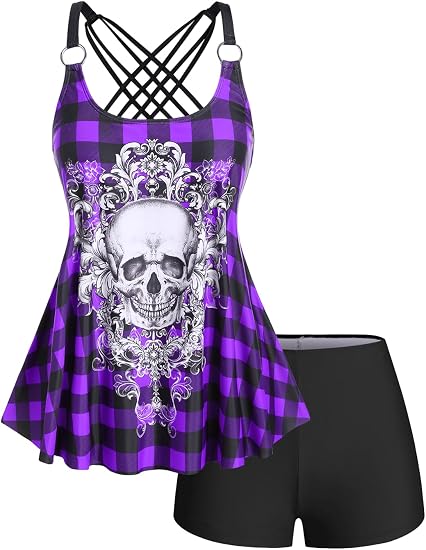 Rosegal Womens Plus Size Gothic Skull Plaid Padded Boyleg Strappy Modest Tankini Swimsuit Set - skull swimsuit