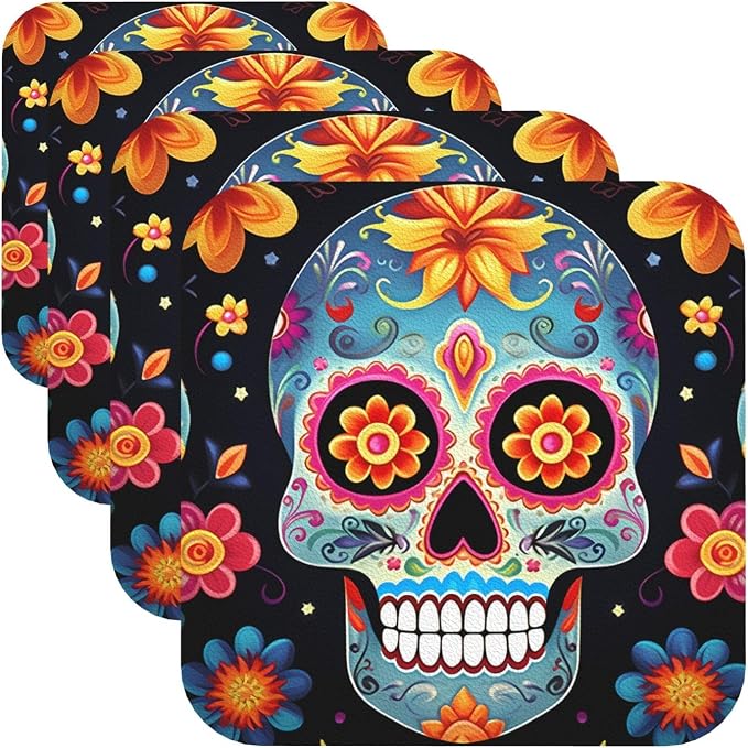 Sugar Skulls Coasters for Drinks Set of 4 Leather Tea Cup Coaster Drink Coasters for Cup Kitchen Bar Home Decor Housewarming Gift - skull coaster