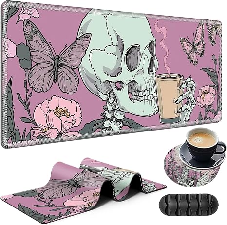 Large Gaming Mouse Pad Plus a Coasters + Cable Clips, Pink Skull Butterfly Extended Mousepad (31.5 x 11.8) with Stitched Edge, Foldable Computer Keyboard Desktop Mouse Mat for Home Office - skull coaster