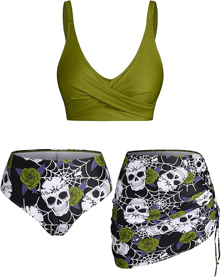 Rosegal Plus Size Women 3 Piece Tankini Swimsuit Gothic Skull Rose Spider Web Print Twist Bathing Suit - skull swimsuit