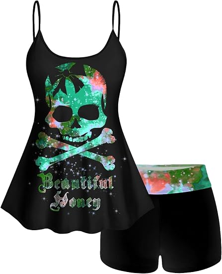 ROSE GAL Rosegal Plus Size Women Gothic Tummy Control Tankini Swimsuit Skull Glitter Print Boyleg Padded Tankini Swimwear - skull swimsuit