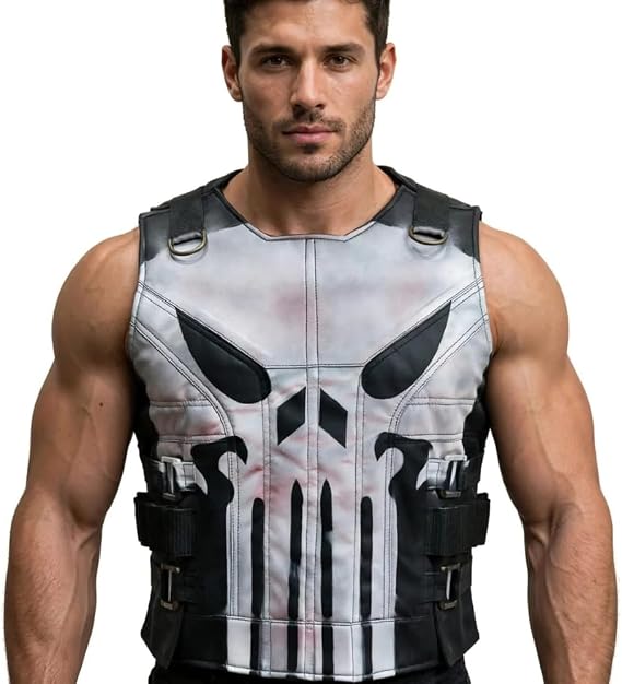 Men's Frank Castle Skull Season 2_3 Motorcycle Black Real Leather Vest Halloween Cosplay Costume-Gift For Him - skull jacket