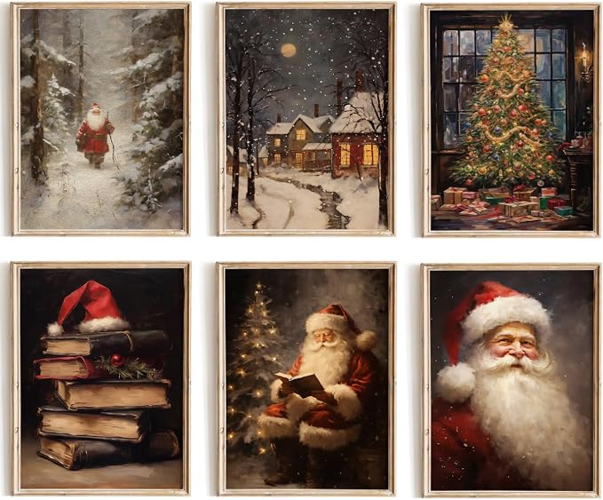 Kizbook Vintage Christmas Wall Art Prints, Santa Claus Christmas Holiday Art Prints Painting, Farmhouse Xmas Christmas Poster, Christmas Gallery Wall Art Winter Print, Vintage Christmas Decor for Holiday, Set of 6 (8"x10"-Unframed) - skull painting