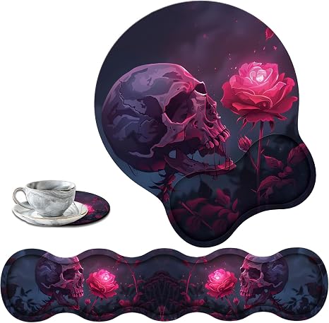 Keyboard Wrist Support + Wrist Mousepad + Coaster Combination, Non-Slip PU Base, with Gel Memory Mousepad, Suitable for Gaming, Office Pain Relief Mousepad Set - Rose Skull - skull coaster
