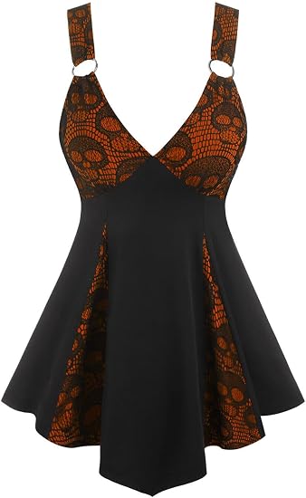 DRESSFO Skull Lace Plunge Tank Top - skull tank tops