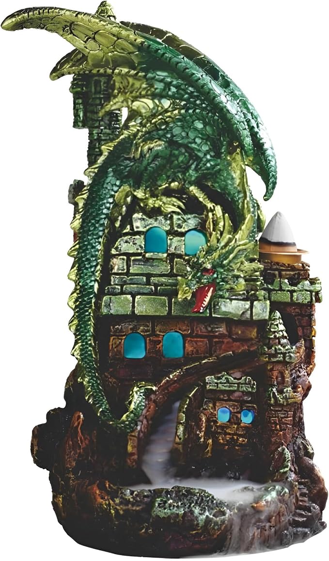 ICE Armor 7.5" H Green Dragon on Castle Backflow Incense Burner with LED Light, Dragon Figurine Incense Holder Statue Sculpture Ornament Decoration Home/Room Decor Ideas - skull incense burner